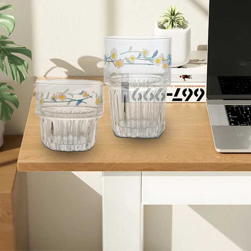 Tumblers 258/330ml Korean Style Transparent Glass Cup Small Daisy Pattern Mugs Home Drinkware Tea Milk Lemon Juice Drinking H240425