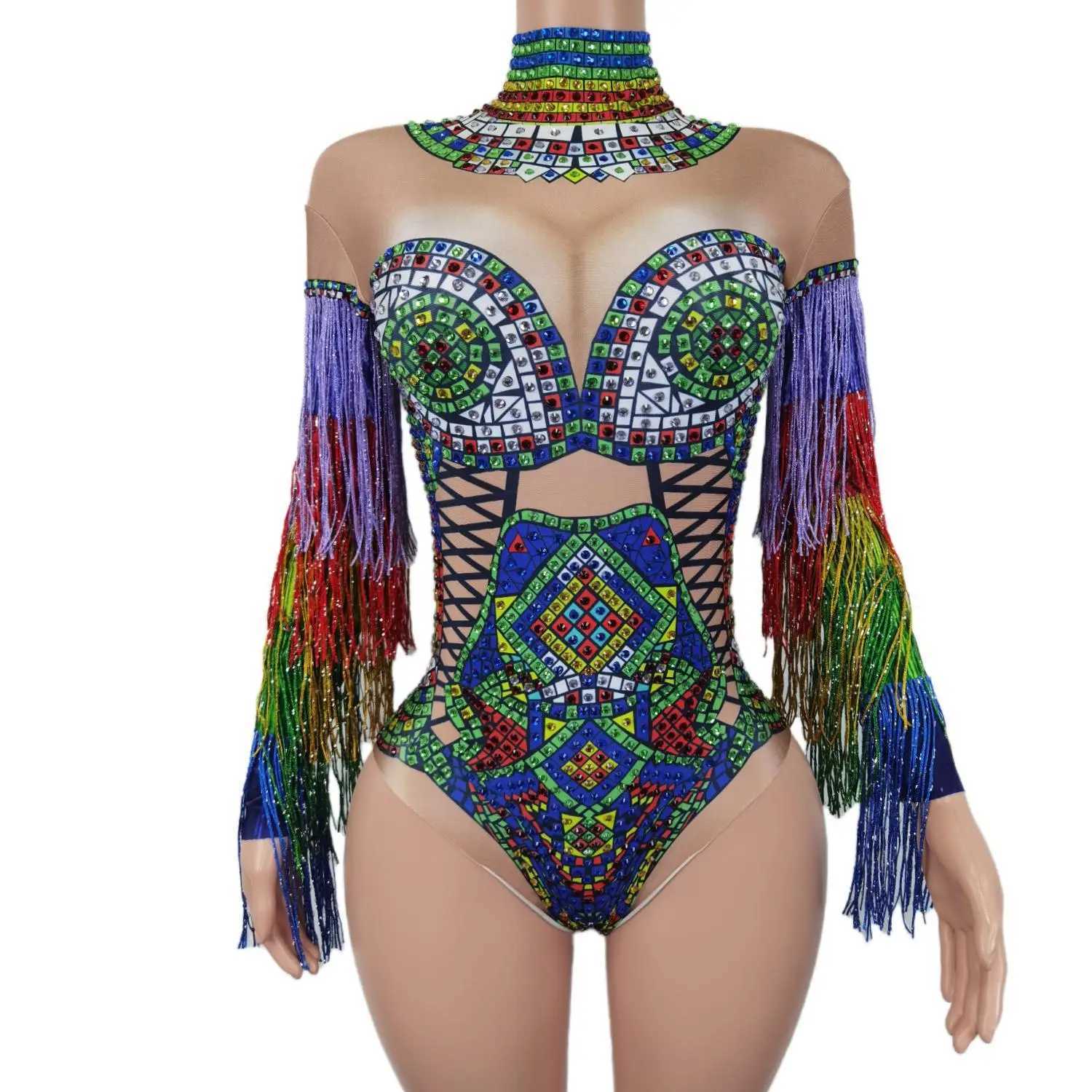 Stage Wear Sexy Sexy Multi-Cloring Rinestones Body Codyclub Dancer Party Stage Wear Dance Fringe Crystal Leotard Costume Cizhuan D240425