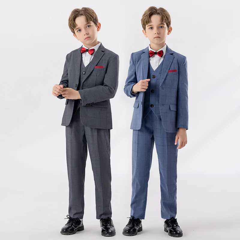 Trajes para niños chaqueta a cuadros azul pantalones bowtie vestido de fiesta de piano ceremonia de la ceremonia del traje del niño del delantero