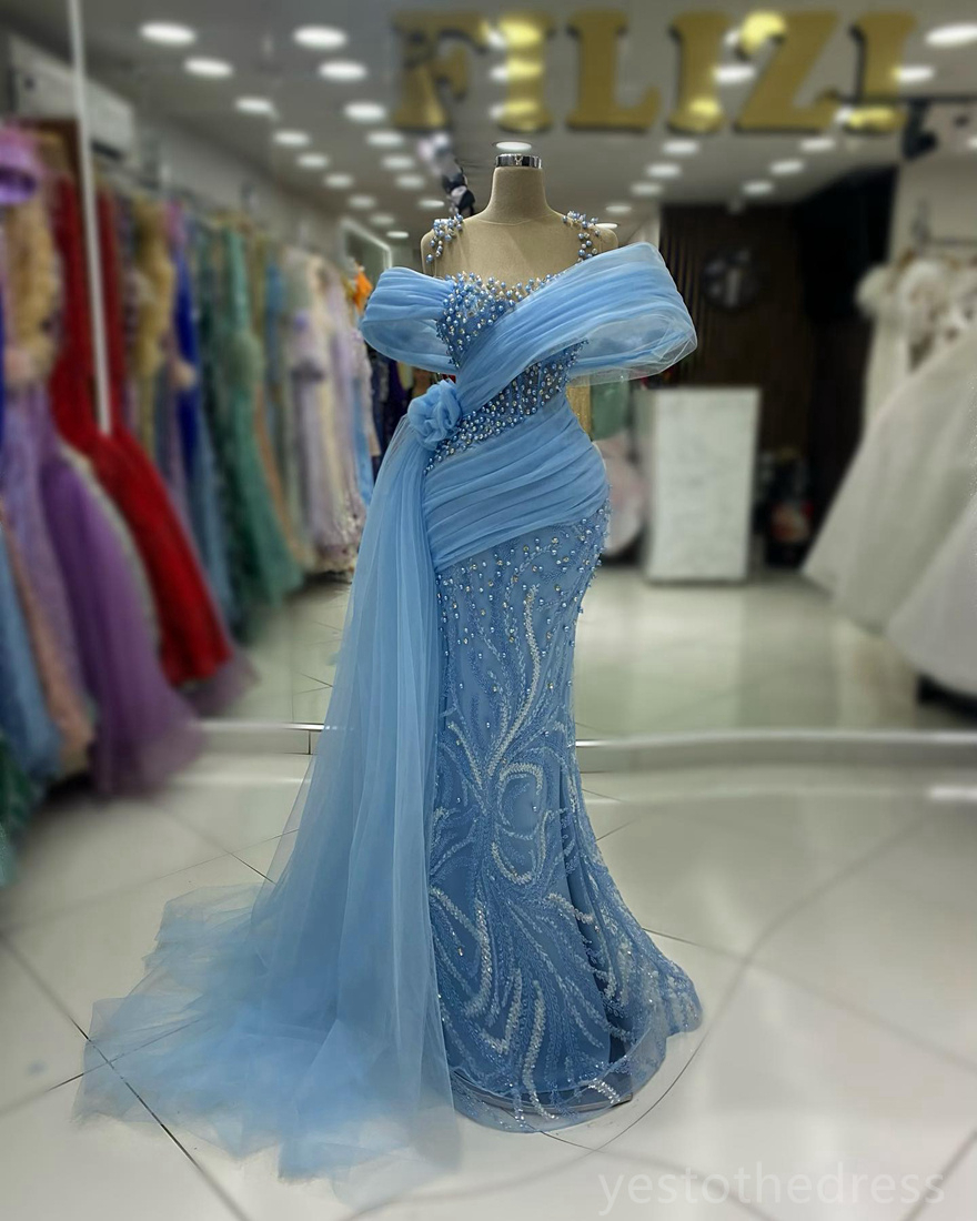 2024 Plus Size Blue Prom Dresses for Black Women Promdress Illusion Sheer Neck Beaded Lace Pearls Rhinestones Decorated Birthday Dress Second Reception Gowns AM778