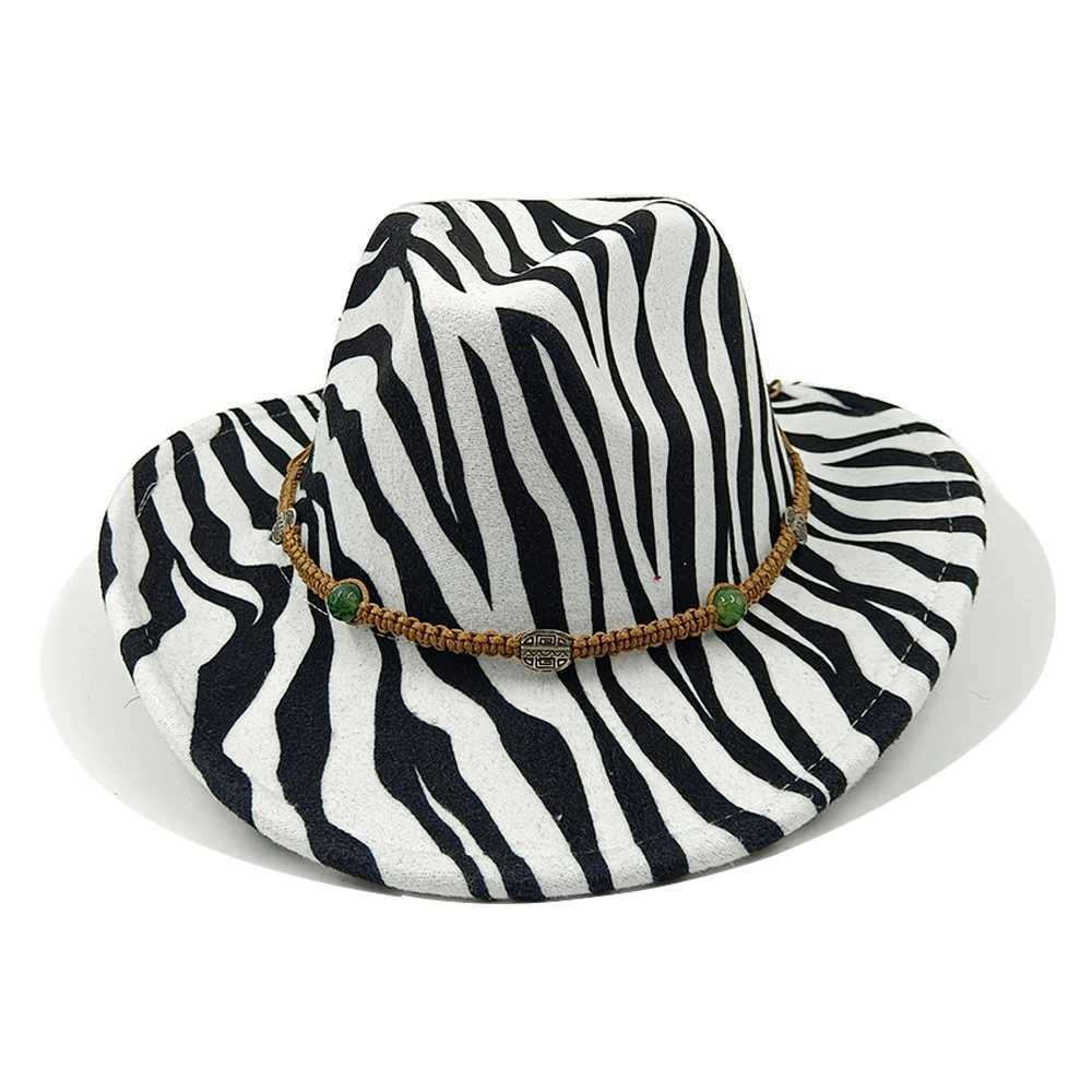 Breite Krempe Hüte Bucket Hats 2022 Neue Zebra Design Frauen Herren Wolle Western Cowboy Hut für Gentleman Lady Winter Herbst Jazz Cowgirl Wolle Fedora Jazz Cap Y240425