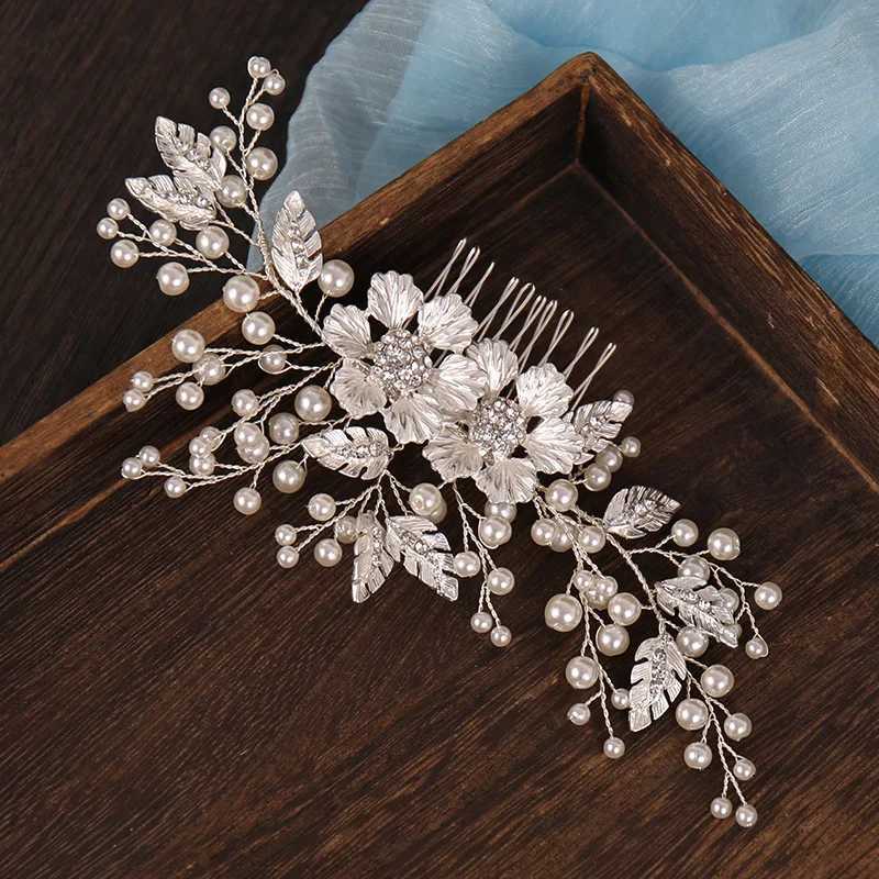 Biżuter ślubny srebrny kolor kwiat Perła Perła Rhinestone Habit Habit Held Pałąk Wedding Hair Akcesoria dla kobiet Bride Tiara TAIRA BIZDYKA WŁOSKA D240425