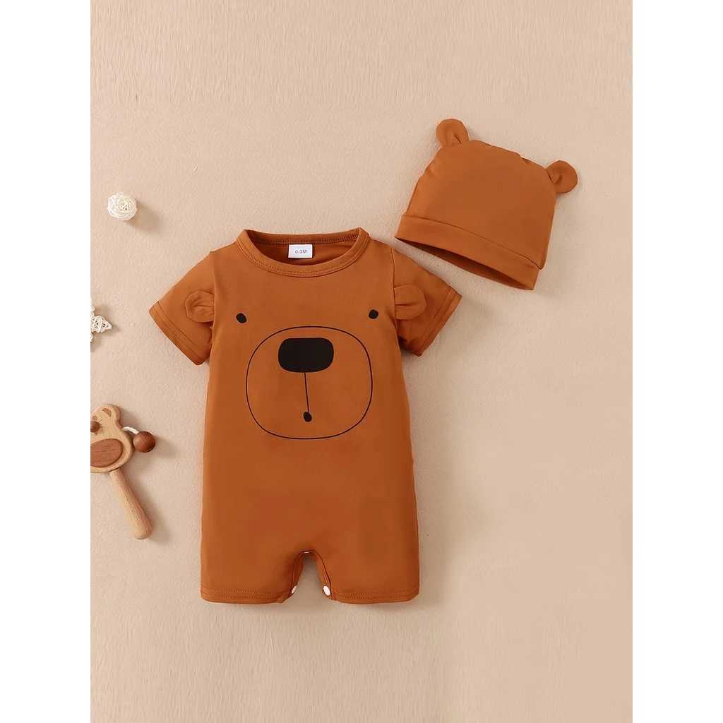 Rompers Baby Boy 0-18 miesięcy Romper Nowonarodzony Ubranie dla dzieci Śliczne niedźwiedzie krótkie rękawy Bodysit with Hat Summer Infant Baby Baby TUBUT D240425