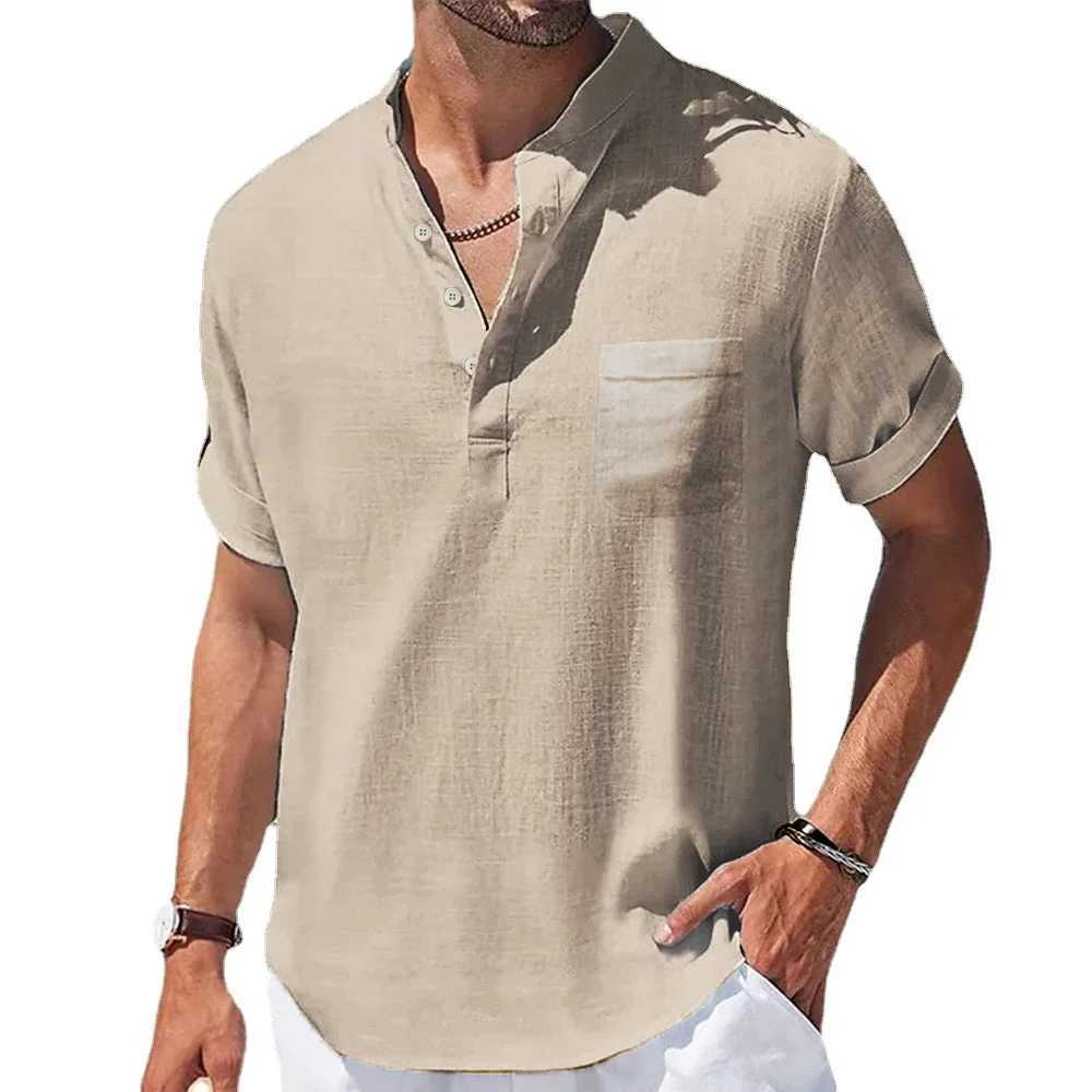 T-shirts masculins Summer New Mens Cotton and Linen Shirts T-shirt à manches courtes Henry Collar Mas Casual Mens T-shirts