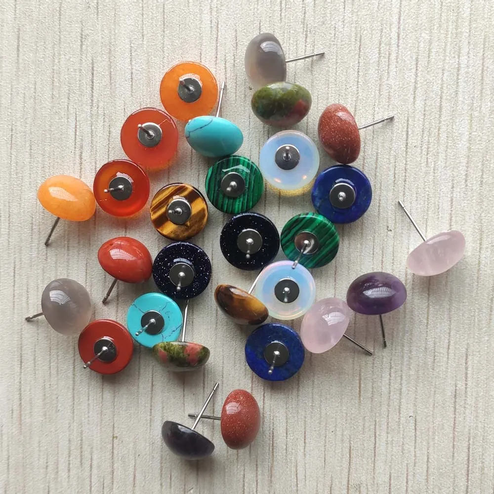 Fashion 10mm 12mm Natural stone mix round beads stainless steel Stud Earrings For Women