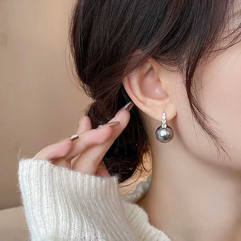 Dangle Chandelier Korean Gray Zircon Pearl Pendant Earrings For Women Elegant Round Crystal Temperament Earrings Jewelry Birthday Gifts