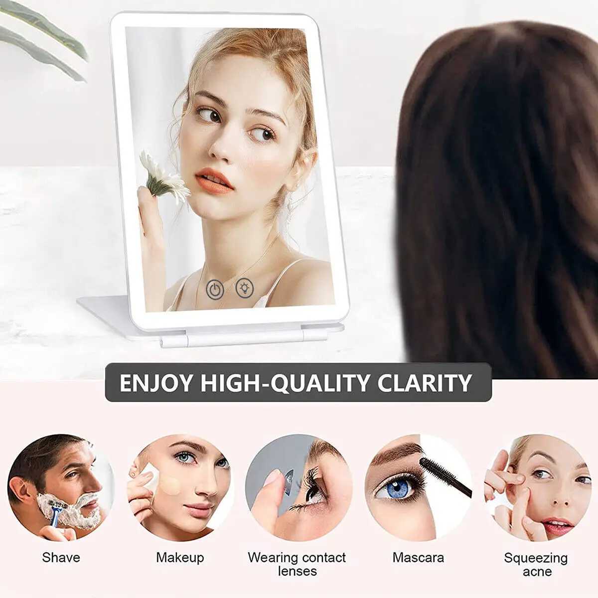 Mirrors Portable Folding Led Mirror Touch Screen Makeup Mirror 3 Light Modes Cosmetic Mirrors Usb Rechargeable Foldable Make Up Mirror