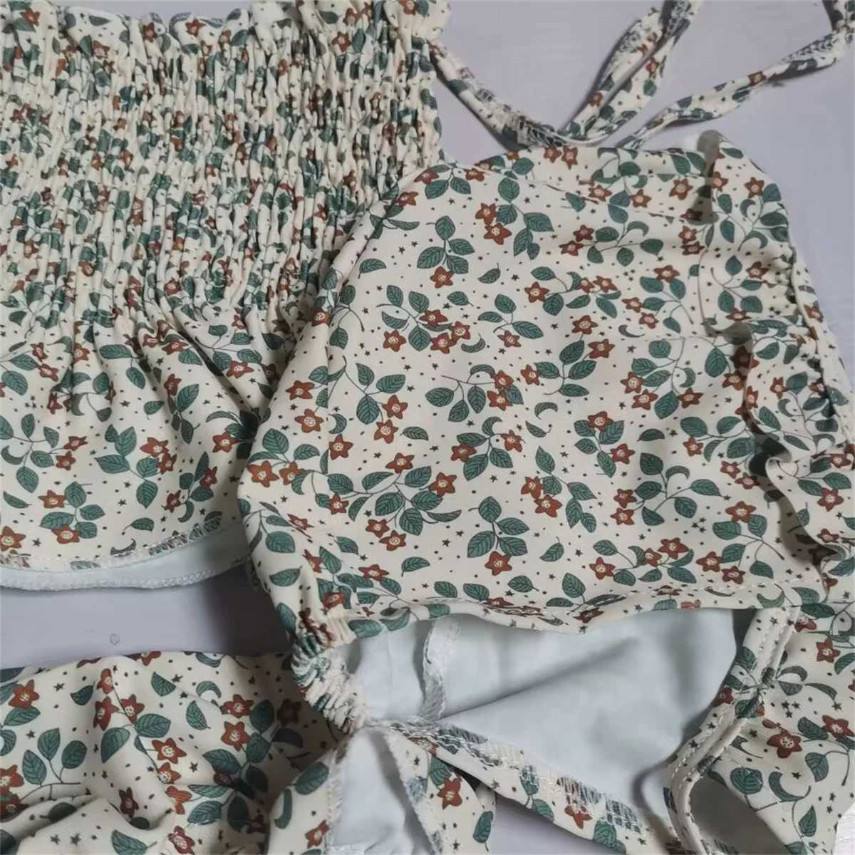 3 piezas niñas de niñas con correa floral nadada vintage smocking encaje