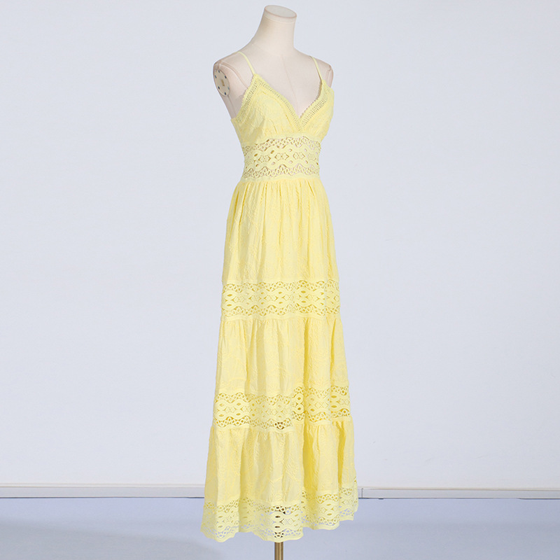 416 XL 2024 Milan Runway Dress SPring Summer Sleeveless Lace Embroidery Yellow Spaghetti Strap Skirt Womens Dress Fashion High Quality boka