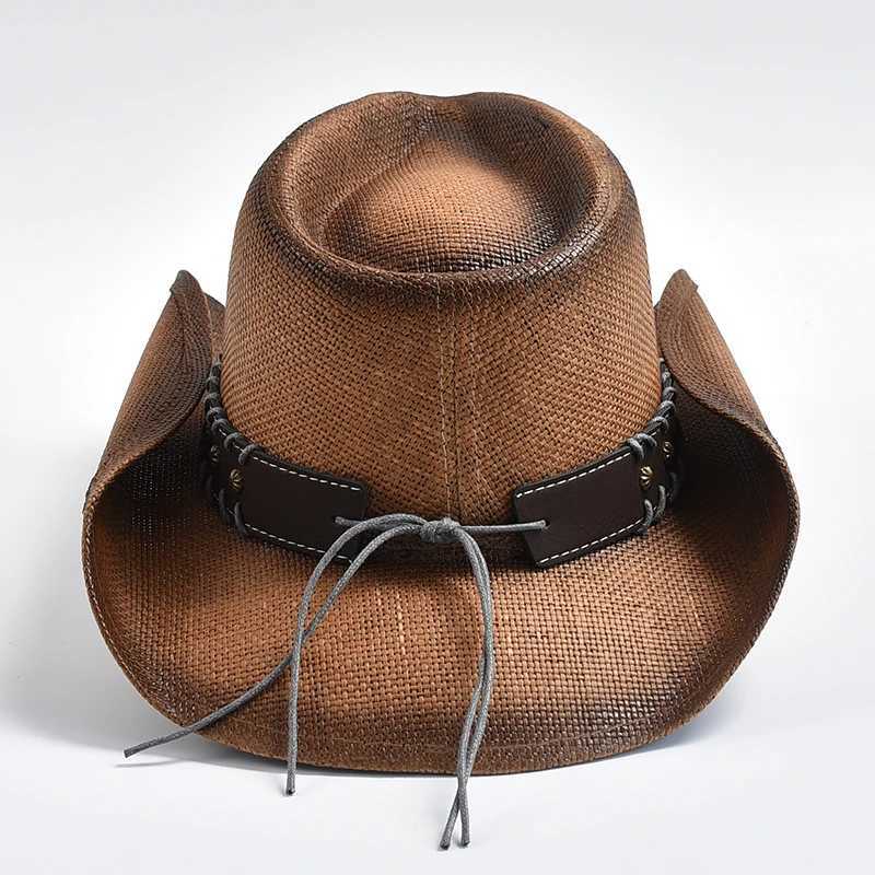 Cappelli a bordo larghi cappelli a secchio Nuovo cappello da cowboy occidentale vintage uomo fatto a mano con ghiottoneria da sole intrecciata da sole da sole lady cowgirl jazz cappello y240425