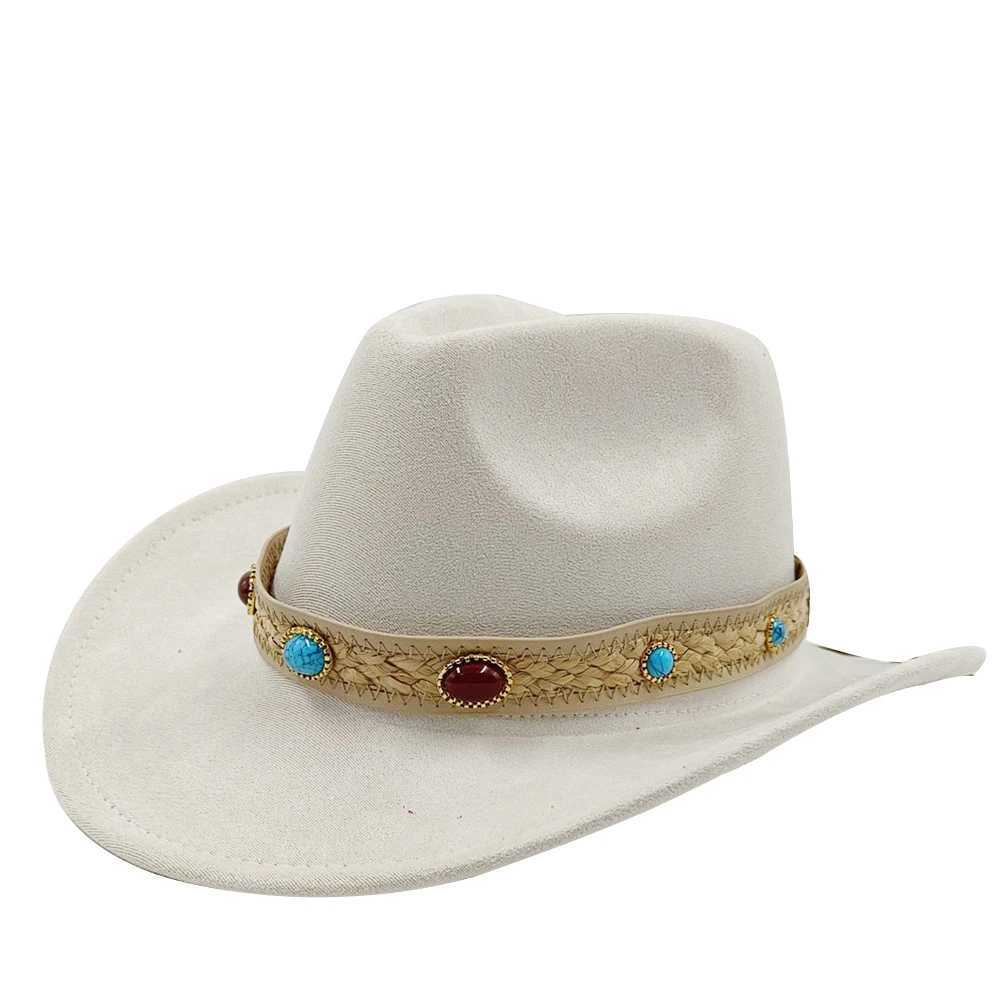 Breda brimhattar hink hattar mocka cowboy hatt krullade retro ädelstenbälte tillbehör västra cowboy man och kvinnlig riddare hatt cowboy hatt y240425