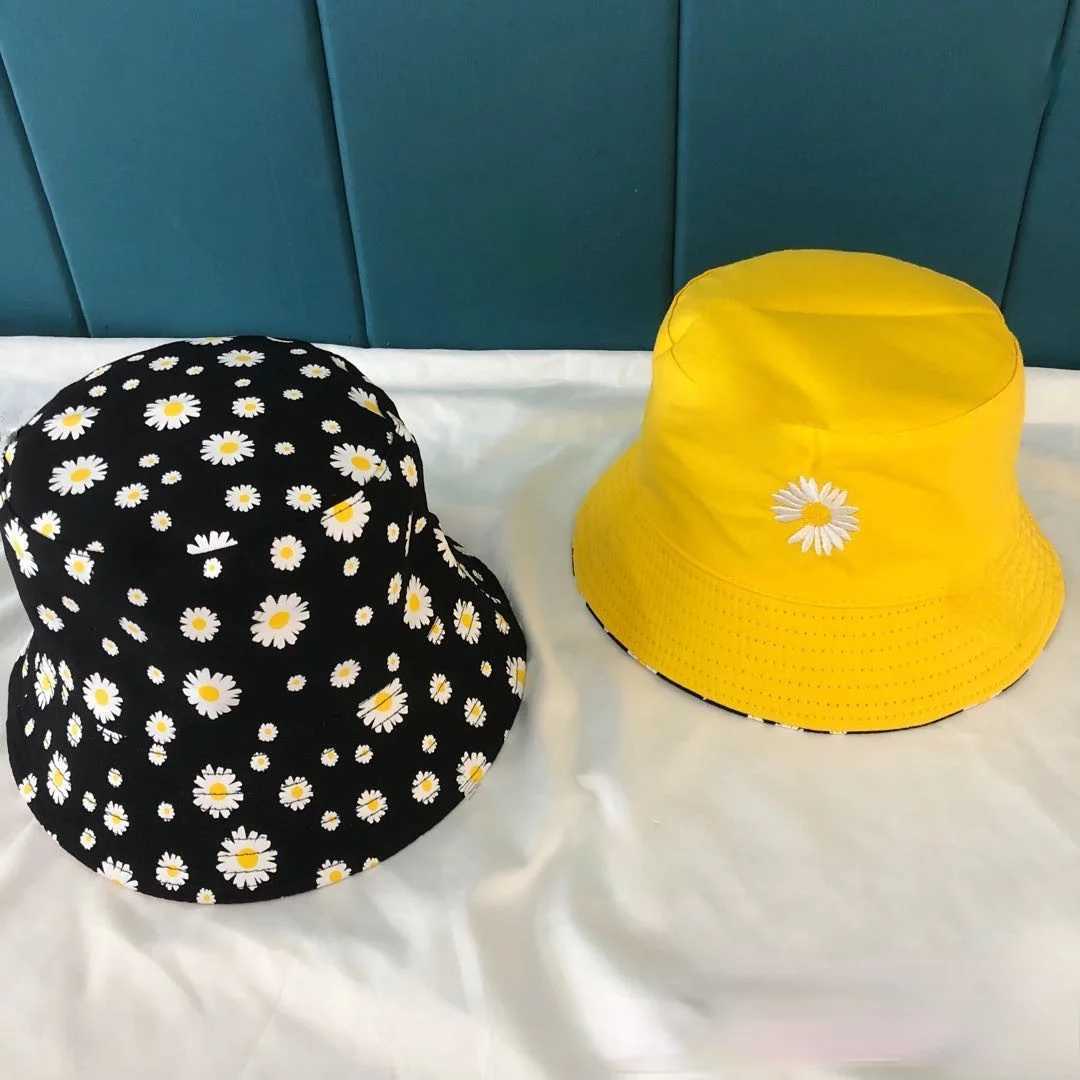 Caps Hats Korean Daisy Stickerei Eimer Hats Reversible Beach Panama Bob Caps Sommer doppelseitiger Baumwollsonne Fischerhut für Frauen Männer D240425