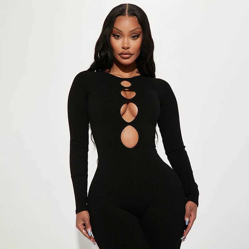 Women's Jumpsuits Rompers CUTENOVA 2024 Women Sexy Solid Color Jumpsuit Spring Summer Long Slve Hollow Out Skinny Slim Jumpsuits Night Club Strtwear Y240425