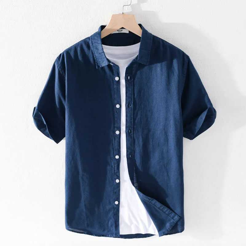 T-shirts High Quality Cotton Linen Mens Summer Fashion Shirt Solid Color Simple Casual Short Sleeve Blouses Basic Thin Breathable TopsL2404