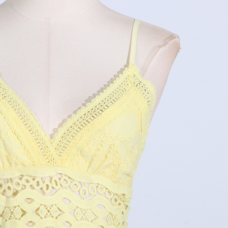 416 XL 2024 Milan Runway Dress SPring Summer Sleeveless Lace Embroidery Yellow Spaghetti Strap Skirt Womens Dress Fashion High Quality boka