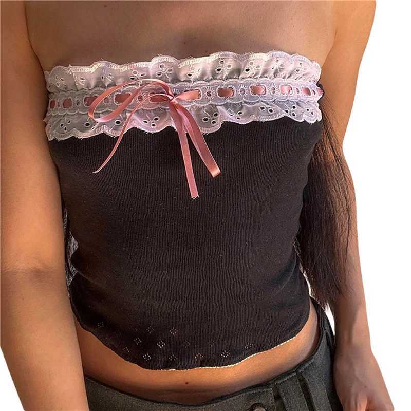 Tanks de mujer Camis Xingqing Y2K Estética Fairycore Grunge Crop Top Pathwork Off Shoulder Bandeau Chaleco 2000 Mujeres Ts Strtwear Y240420