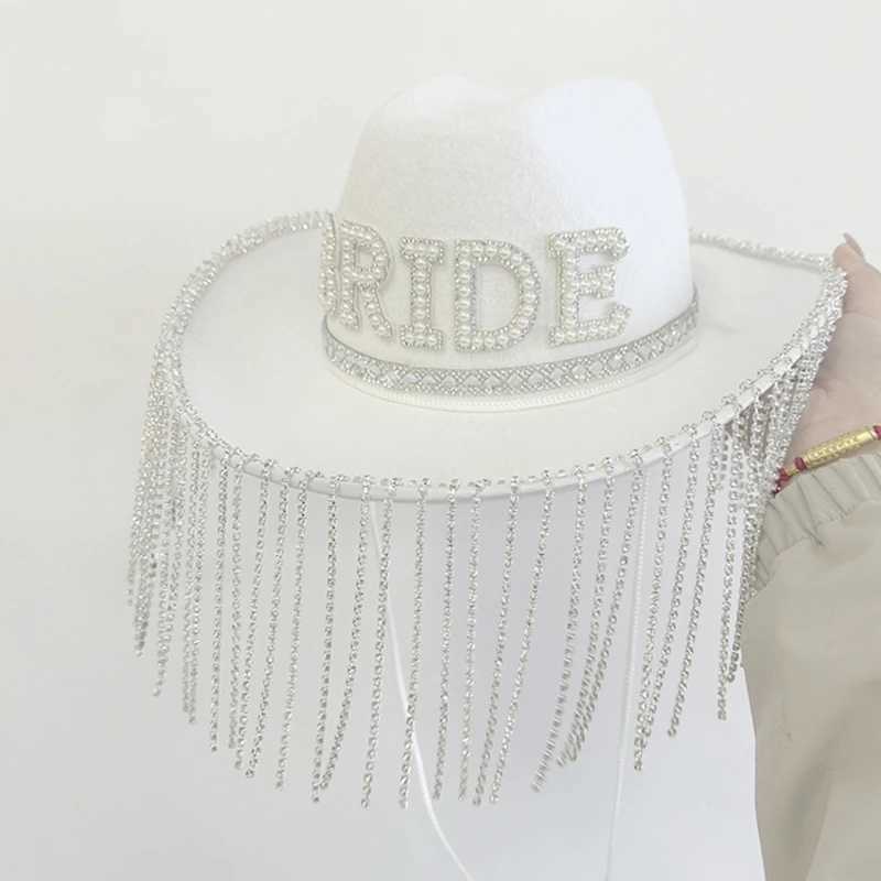 Chapéus de aba larga chapéus de balde de chapéu de vaqueira brilhante para chuveiro de panela Branca de chapéu de cowgirl Bachelorette Party Y240425