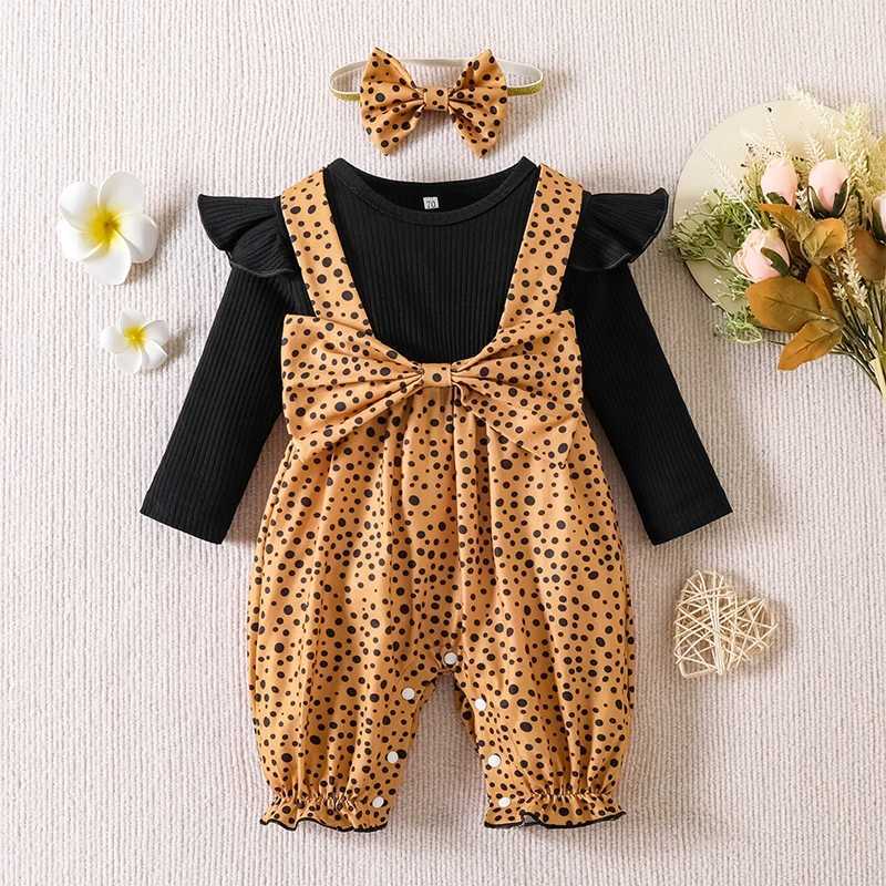 Rompers 2st Baby Girls Winter Fly Sleeve Leopard Stripe Faux Two Piece Bodysuit Cotton Button Down Toddler kläder med Bowknot 0-18m D240425