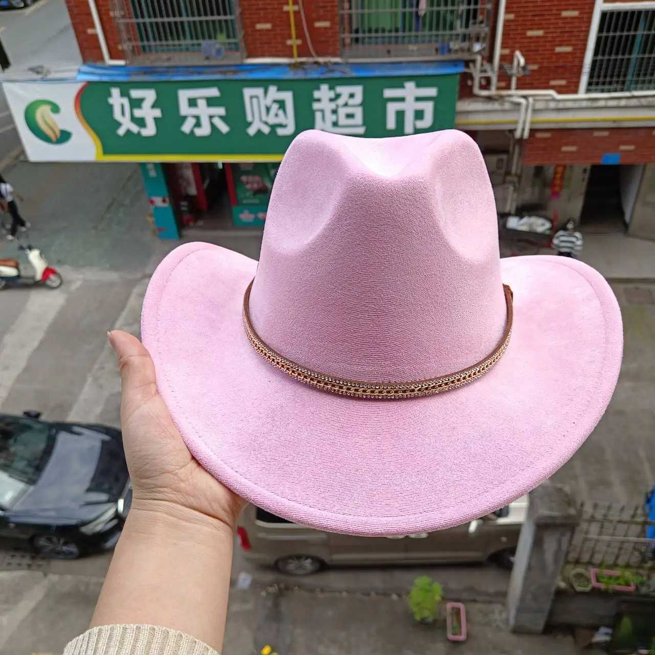Breda brimhattar hink hattar mocka cowboy hatt kvinnor diamant tillbehör party cowboy hatt 2023 höst och vinter hatt y240425
