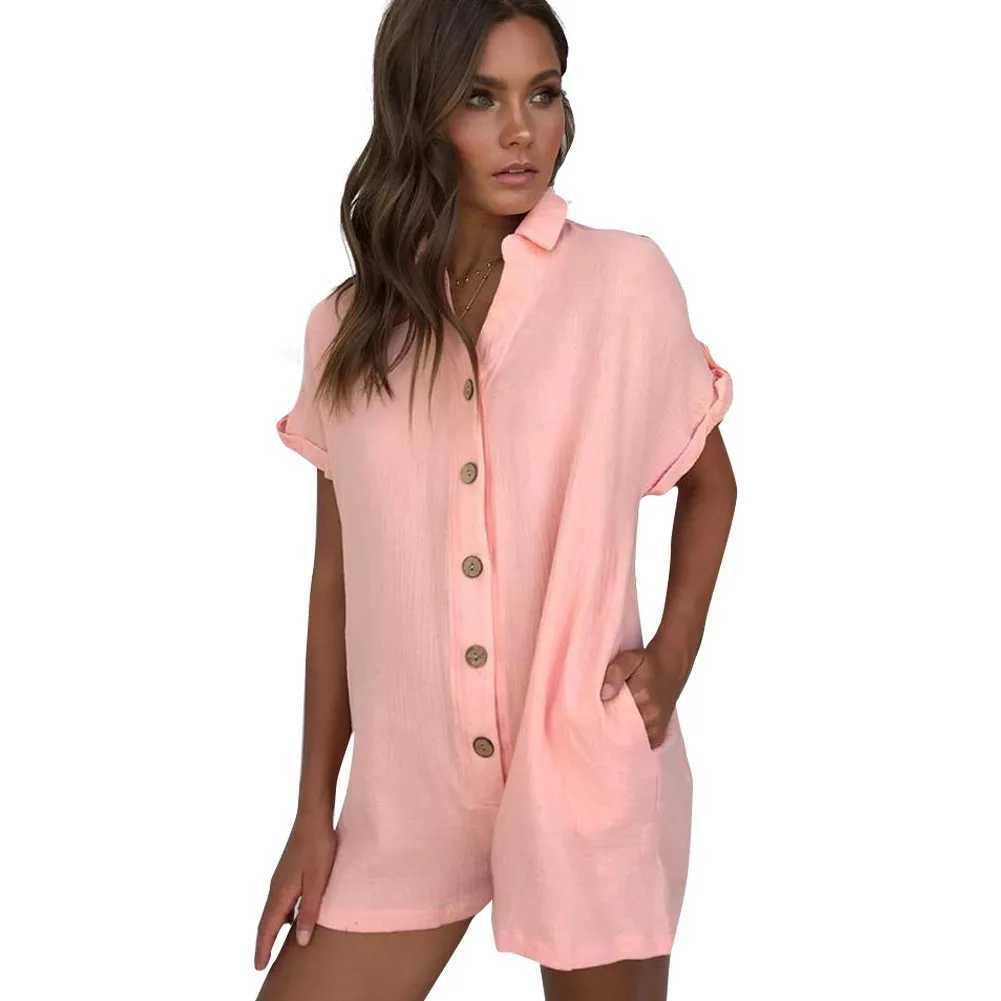 Women's Jumpsuits Rompers Inventory! Fashionable womens clothing new products for spring and summer popular lapel shirts button up jumpsuits Y240425