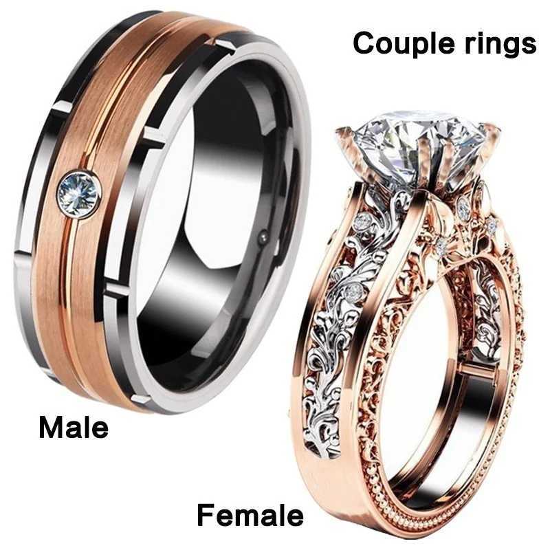 Band Rings Luxury Women Ring Metal Hollow Carving Pattern Rose Gold Color Zircon Stones Couple Bridal Engagement Wedding Jewelry H240425