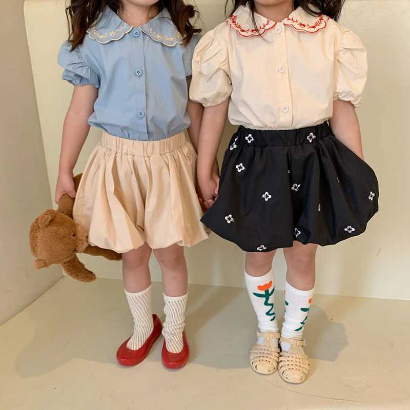 Shorts Summer Girls Pants Floral Puffy Shorts Solid Color Children Cotton Bloomers 1-6 Years H240425