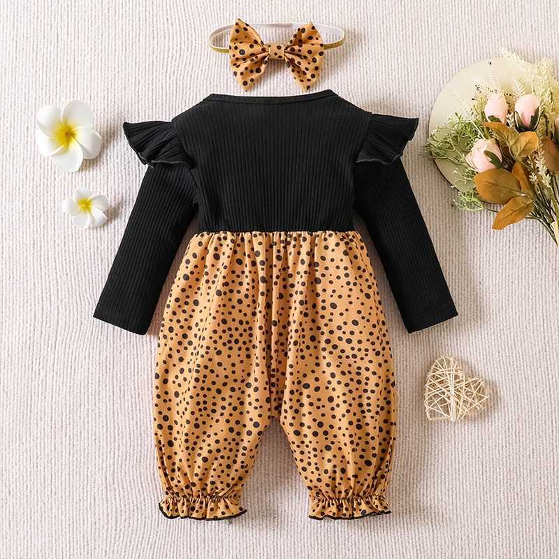 Rompers 2st Baby Girls Winter Fly Sleeve Leopard Stripe Faux Two Piece Bodysuit Cotton Button Down Toddler kläder med Bowknot 0-18m D240425