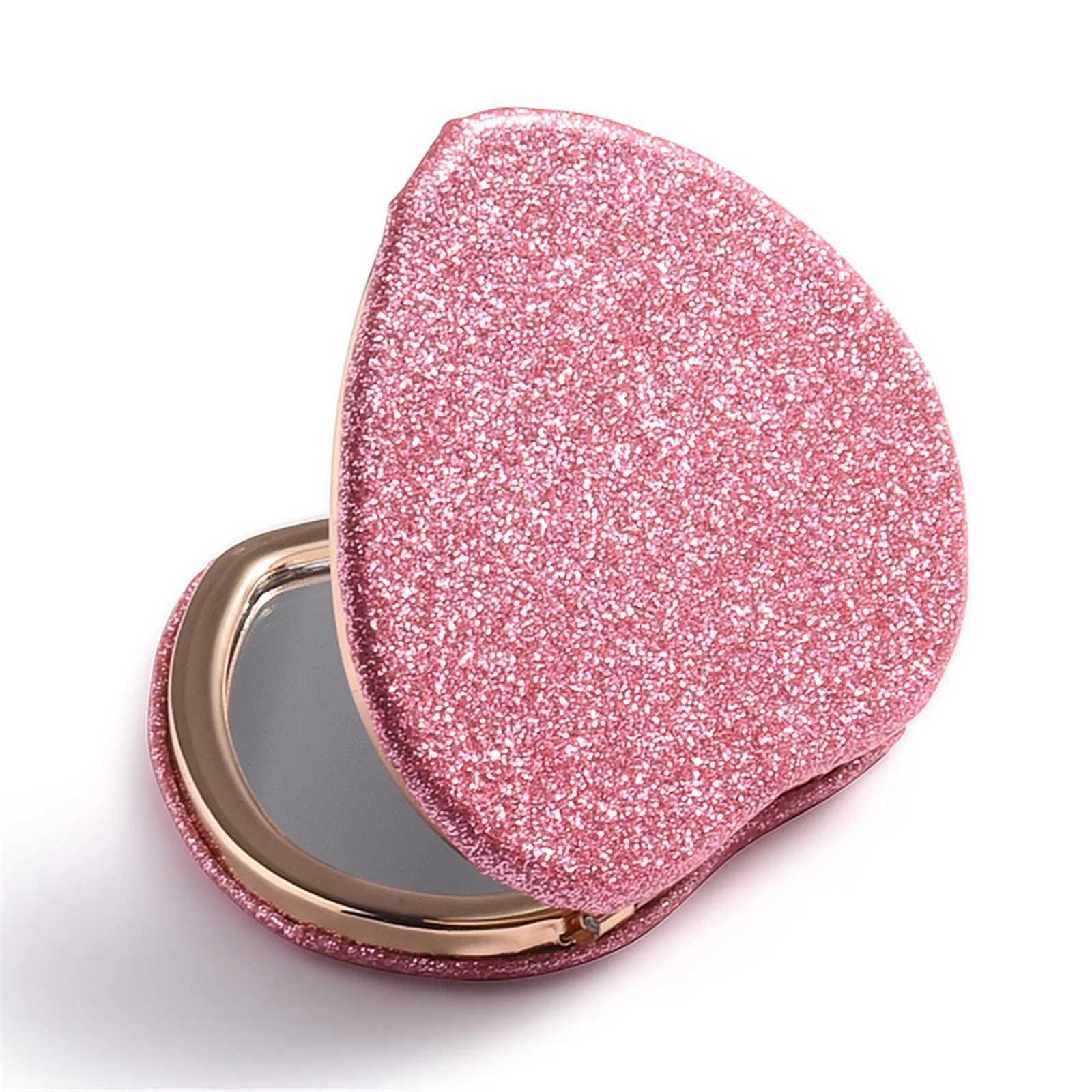 Spiegels glitter make -up spiegel pocket vouwbare dubbele make -up spiegel vrouwen compacte spiegels reis schoonheid cosmetische spiegel ronde hart