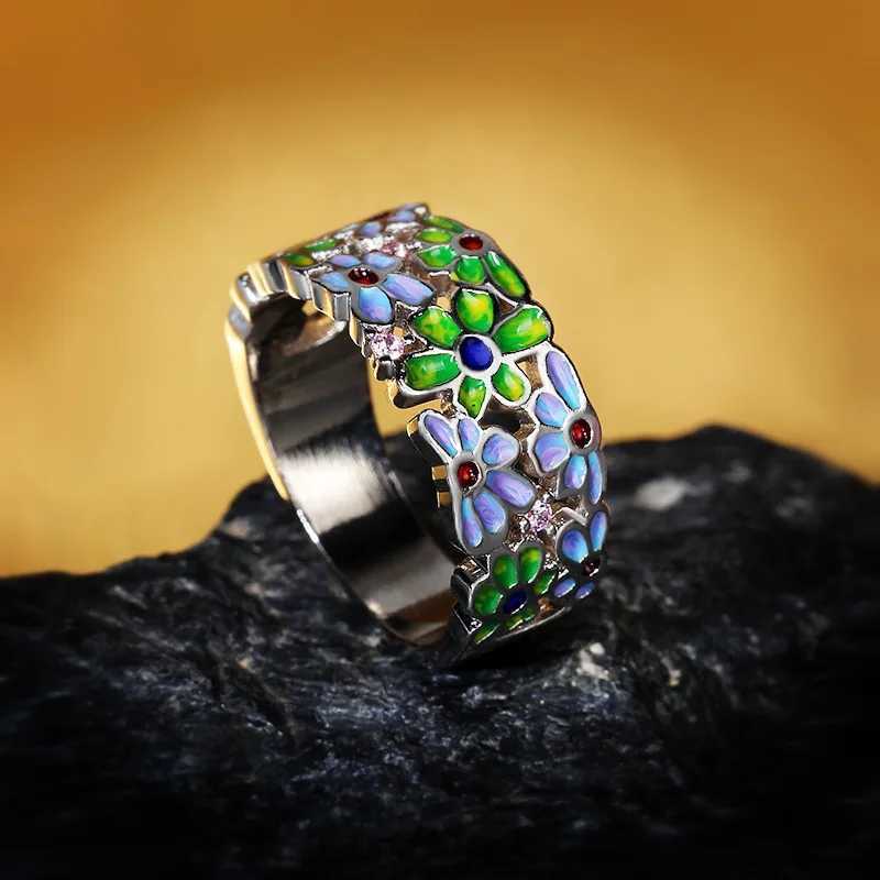 Anelli di banda 2020 Nuovo anello floreale cloisonne blu bruciato con zircone le donne fidanzamenti feste di matrimonio regalo H240425