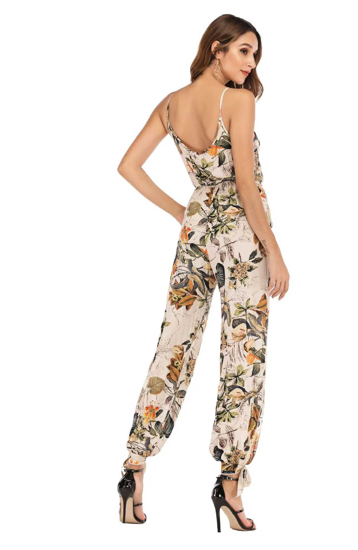 Women's Jumpsuits Rompers Spring style womens new Camisole jumpsuit with crossover print and sexy backless lace V-neck Y240425