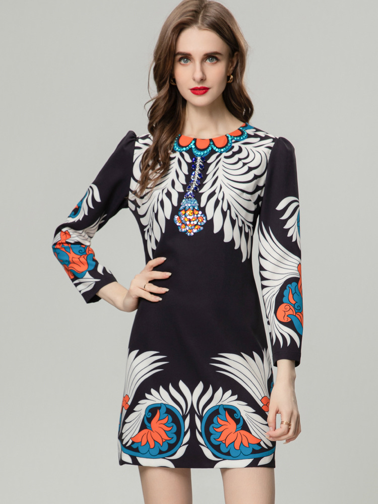 Women's Runway Dresses O Neck 3/4 Sleeves Printed Beaded Fashion High Street Mini Vestidos