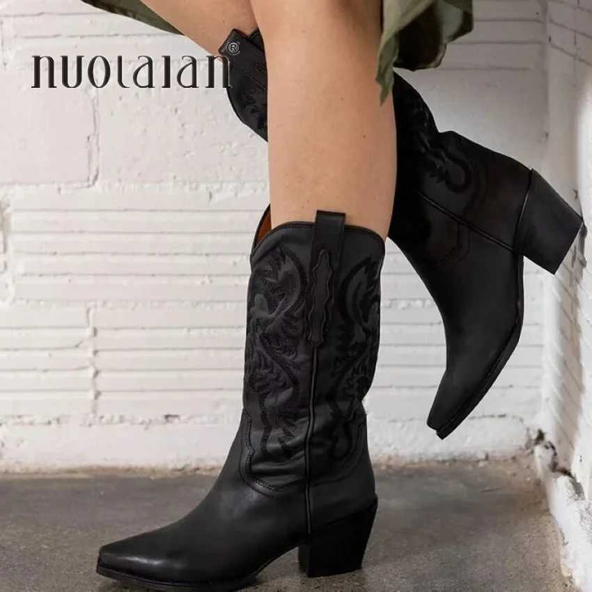 Botas Cowboy Black Cowgirl Boots for Women 2023 Fashion Borded Toe Toe Chunky Tacs Mid Calf Boots Western Shoes Woman H240425
