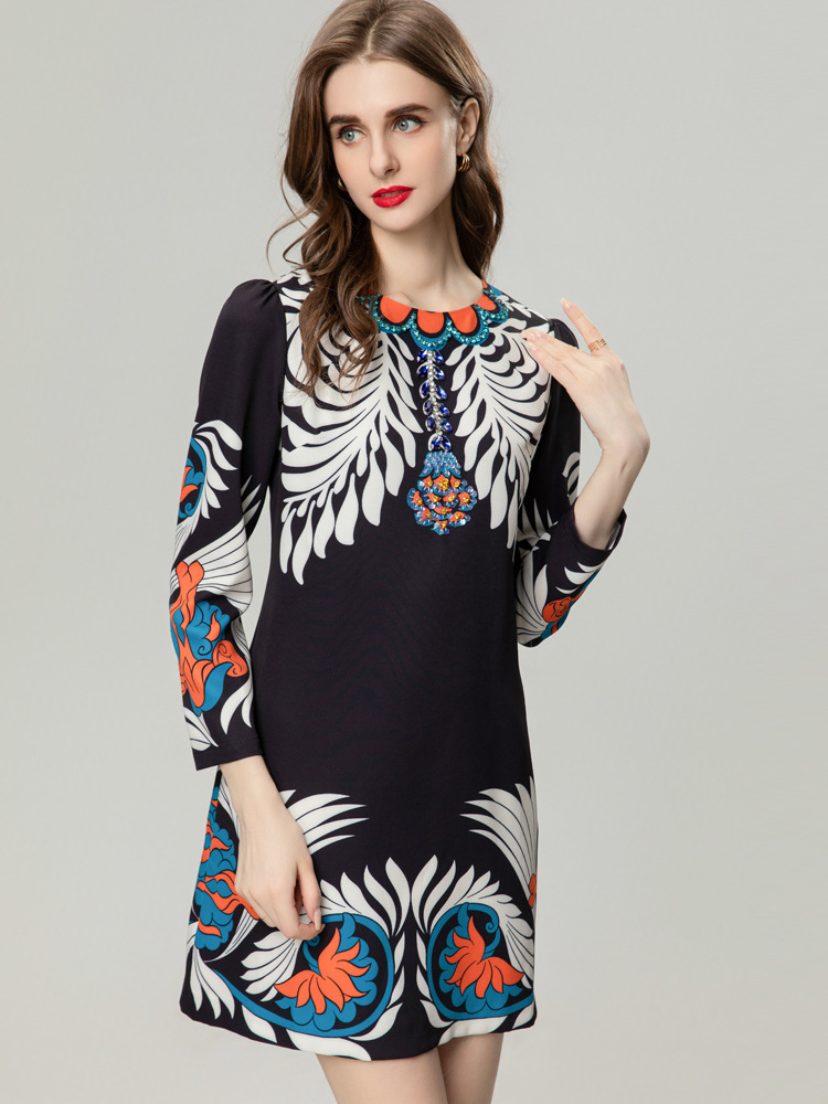 Women's Runway Dresses O Neck 3/4 Sleeves Printed Beaded Fashion High Street Mini Vestidos