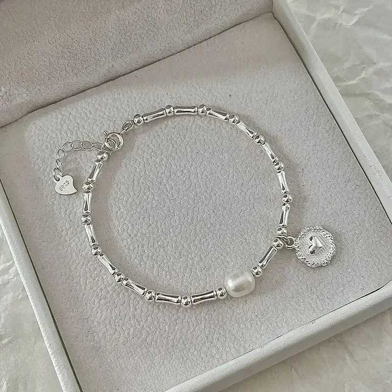 Beaded 925 Sterling Silver Pearls Bamboo Knots Armband för Women Girl Simple Korean Jewelry Birthday Present