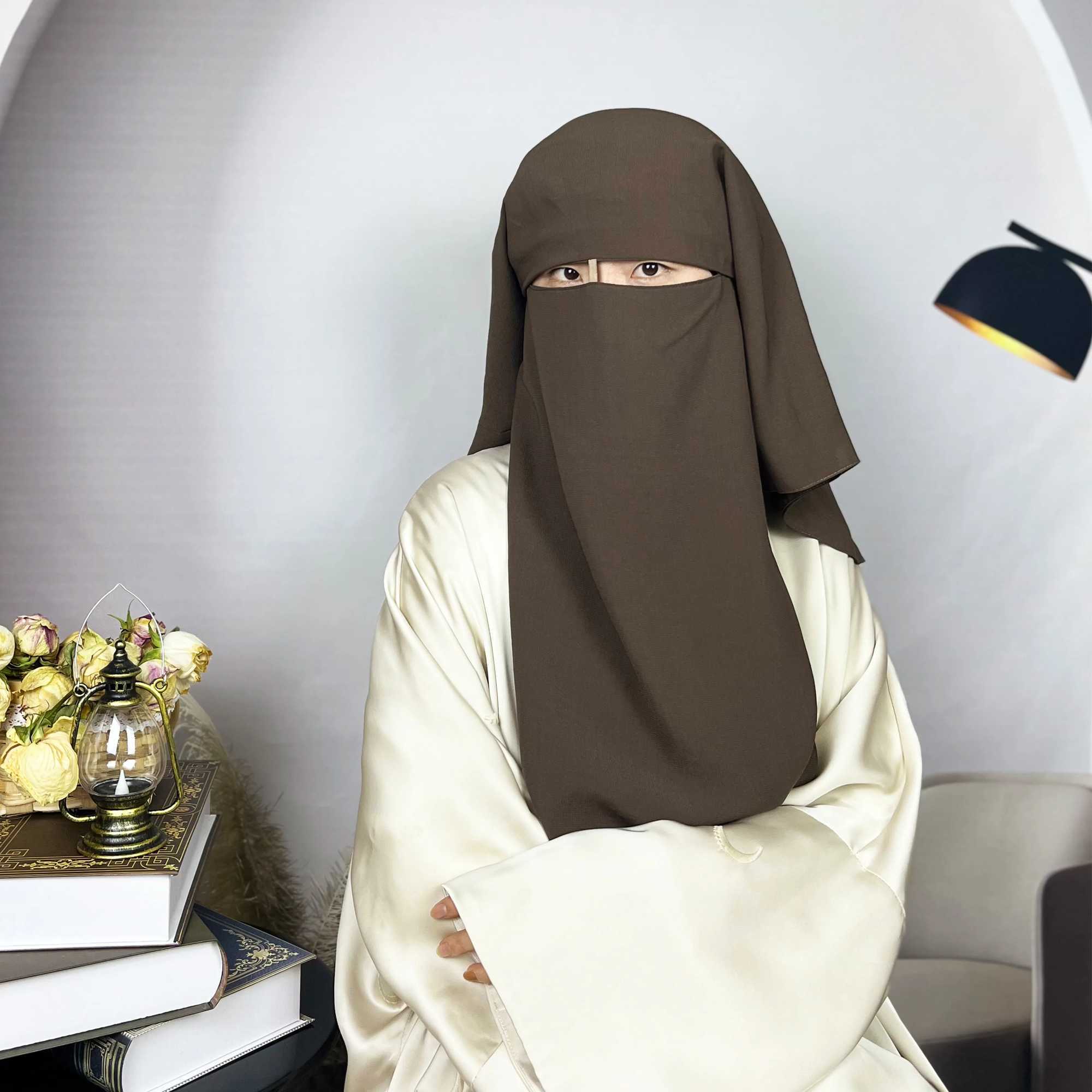 Hijabs Mellanöstern hijab muslimsk dubbel lager komposit chiffong mesh ansiktsmask remmar kvinnor mode slöja d240425