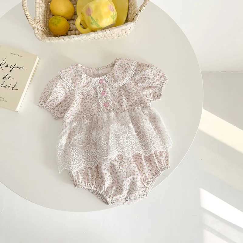 Rompers Summer Floral Lace Baby Bodysuit Lovely Pinky One Piece Girl Jumpsuit Clothes H240425