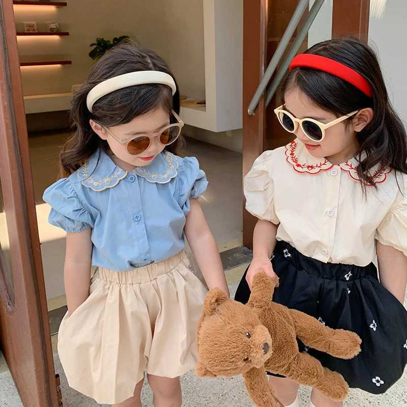 Kids Shirts 2023 Summer Girls Tops Short Sleeve Shirts Embroidered Kids T-Shirt Children Blouse H240425