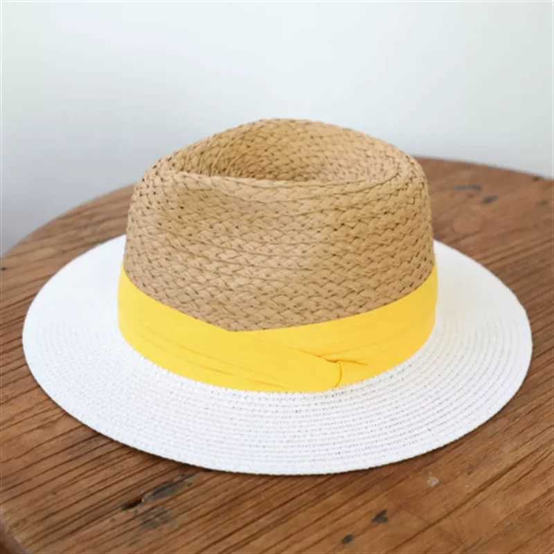 Chapéus de aba larga Chapéus de balde Chapéus de palha vintage Mens e feminino café branco bloqueado chapéus de verão Tom versátil Protenção solar Raffia Brimme Y240425