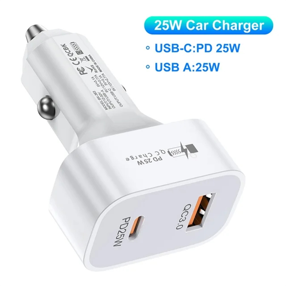 50W 2 portar PD Typ C Square USB Car Charger Snabbladdning QC3.0 Snabbladdningsbil USB -laddare för iPhone 15 14 Plus 13 12 11 Samsung S24 S23 S22 Xiaomi med detaljhandelspaket