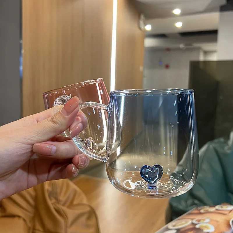 Tumblers 3D Crystal Glass Heart Cupe Wysoka borokrzemowe mrożone filiżanki kawy Picie szklanki do soków mleko herbata letnia herbat h240425