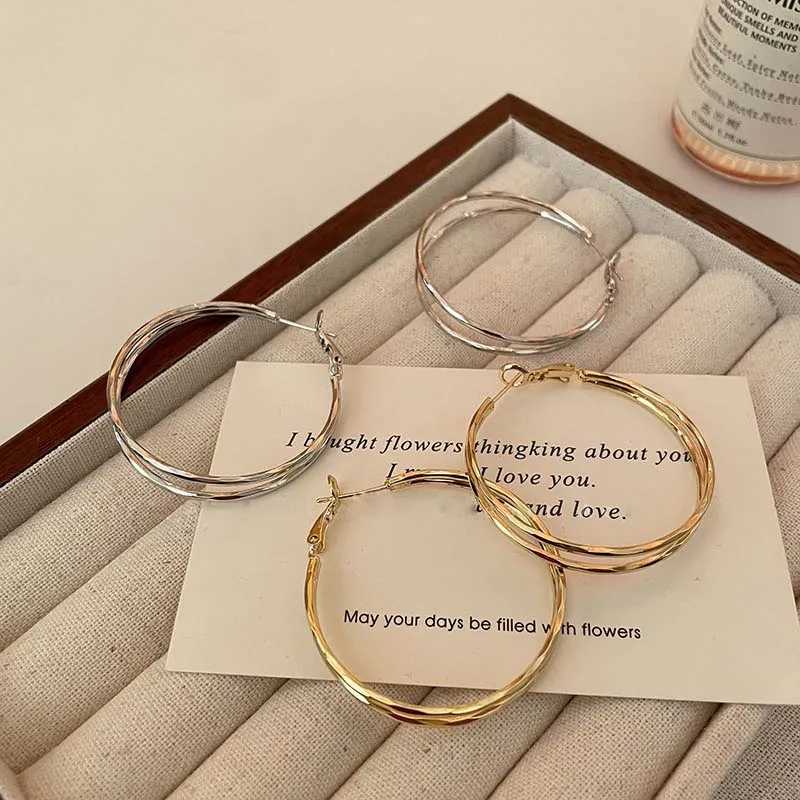 Stud New Trendy Silver Color Double Layer Circle Hoop Earrings For Women Exaggerated Metal Layer Round Earrings Jewelry Gift