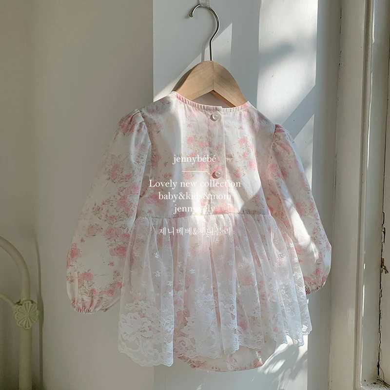 Rompers Korean Japan Nyfödda spets jumpsuit med tyll söt blommig broderi baby flickor tyllklänning vår sommar höst småbarn outfit h240425