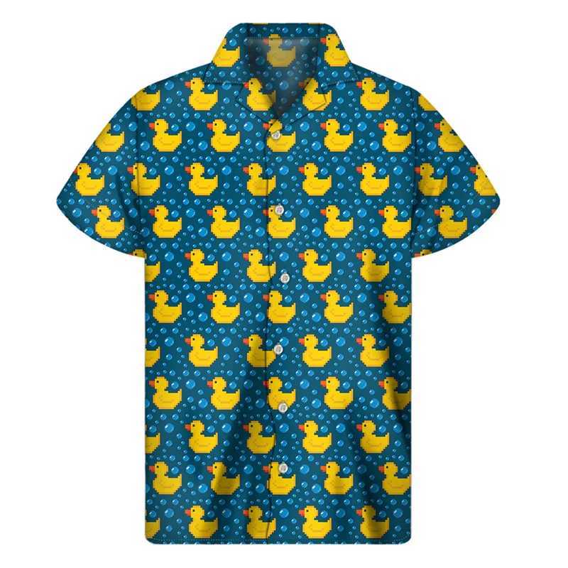 Мужские повседневные рубашки Симпатичная желтая резиновая утка графическая рубашка мужская 3D Принт гавайских рубашек Летние пуговица с коротким рукавом.