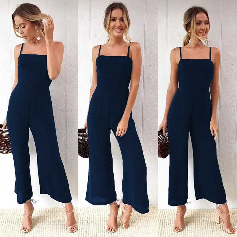 Jumpsuits voor dames rompreren dames mouwloze slabbetje dunga jumpsuit herfst casual losse massieve dames spaghetti schouderband wide been jumpsuit y240425