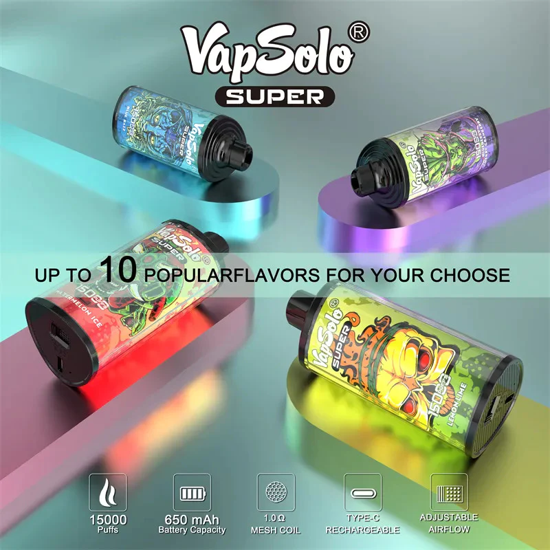 Vapsolo Super 15000 Puffs 15K Kits de vapeur de module de vape jetable Mod de vapeur Esmoke Ecigs Good Vapes Juice Vaper Wape 2% 5% Nicotine Eliquid Rechargeable Type C