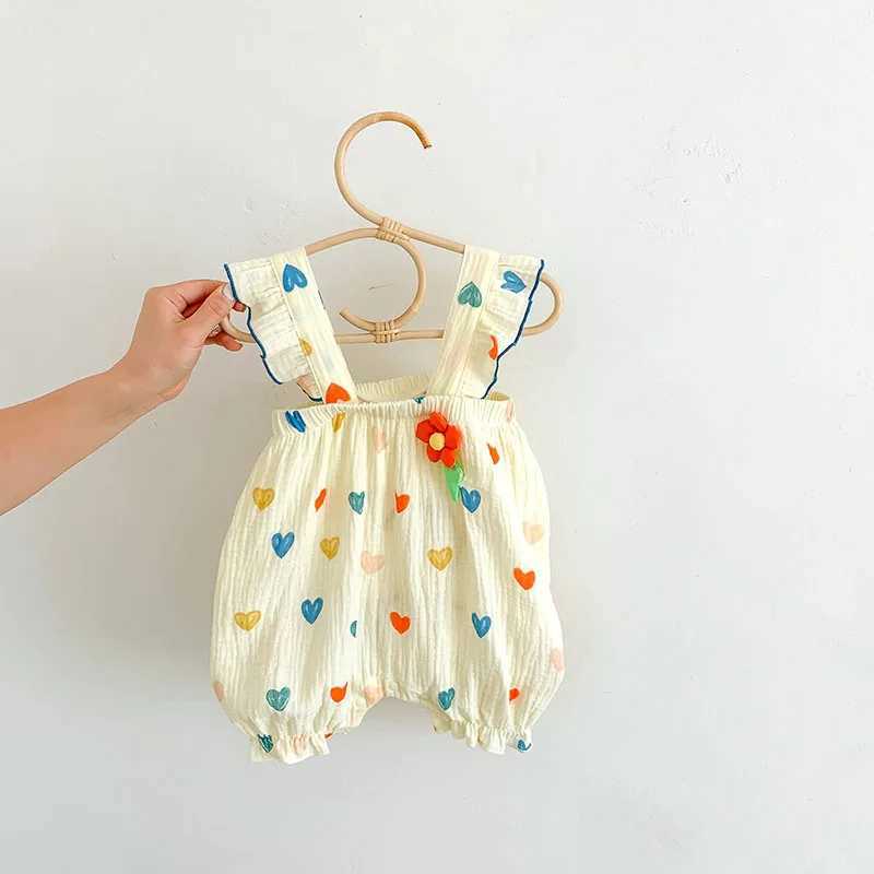 장미 밀랑 여름 아기 옷 가득한 심장 인쇄 아기 여자 롬머 롬퍼 유아 점프 슈트 h240425