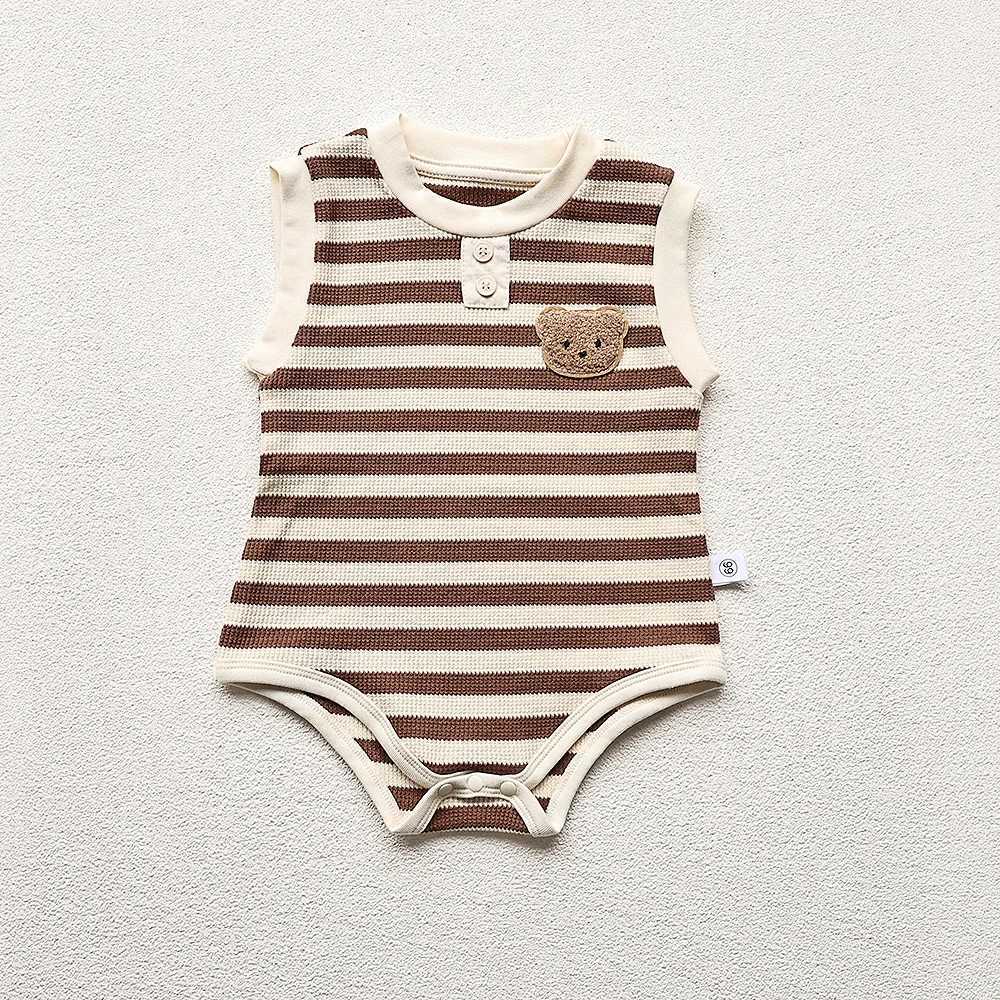 Rompers夏のベビー服幼児ワッフルワンピース刺繍ボディスーツノースリーブ服H240425