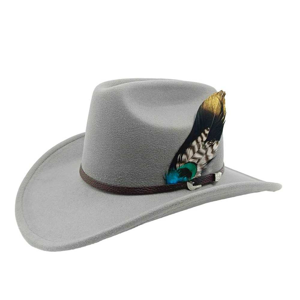 Breda randen hattar hink hattar höst och vinter västerländska cowboy hattar för män och kvinnor stora randhattar nya fjädertillbehör retro gentleman cowboy hatswide- y240425