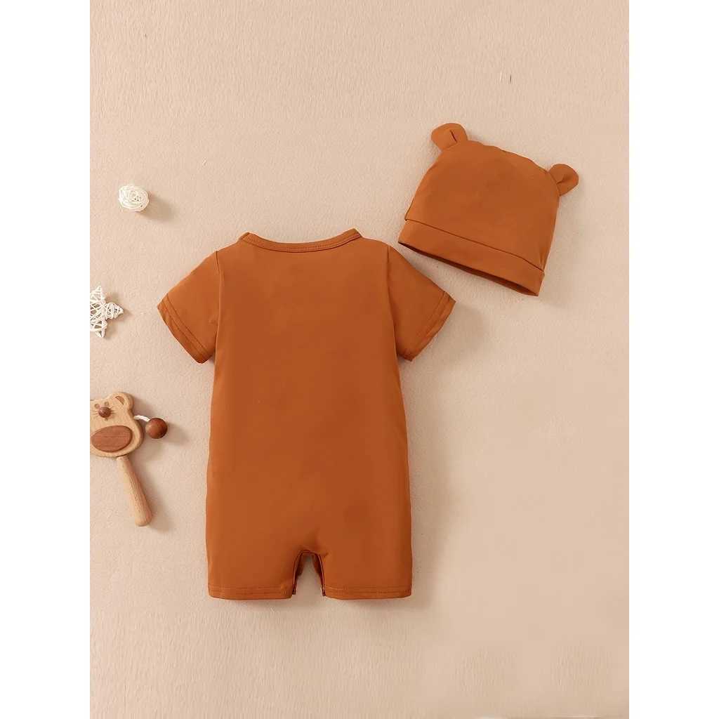 Rompers Baby Boy 0-18 miesięcy Romper Nowonarodzony Ubranie dla dzieci Śliczne niedźwiedzie krótkie rękawy Bodysit with Hat Summer Infant Baby Baby TUBUT D240425