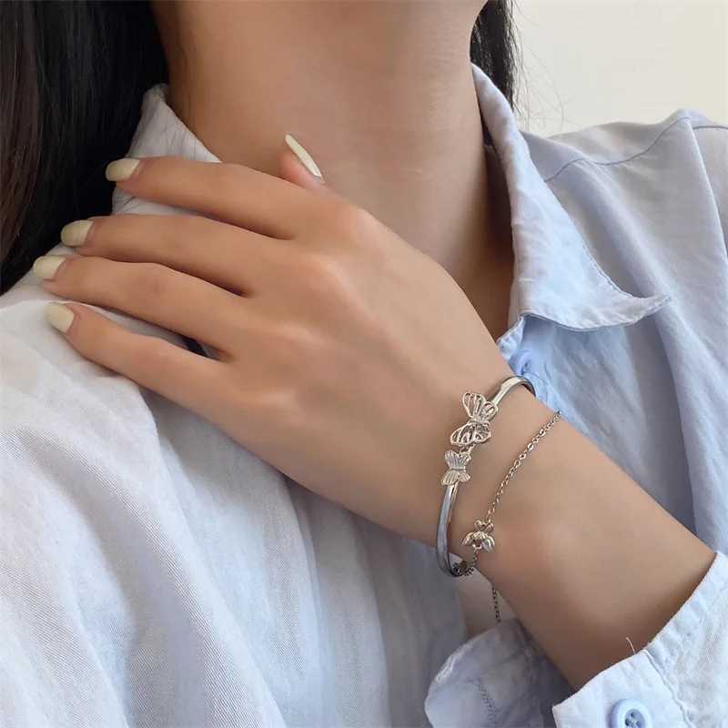Beaded WLP Fashion Silver Color Faryfly Double Layer Chain Tassel Armband Bangle For Women Korean Style Opening Bangle Jewelry Gift